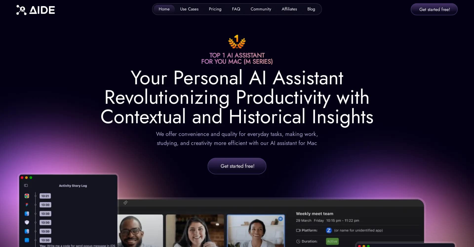 AIDE AI homepage screenshot — AI assistant that listens and transcribes meetings.