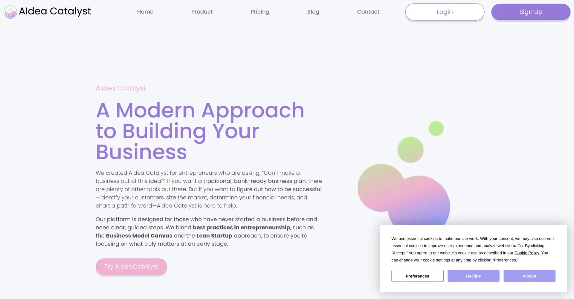 AIdea Catalyst homepage screenshot — Validate your business idea with AI-driven insights.