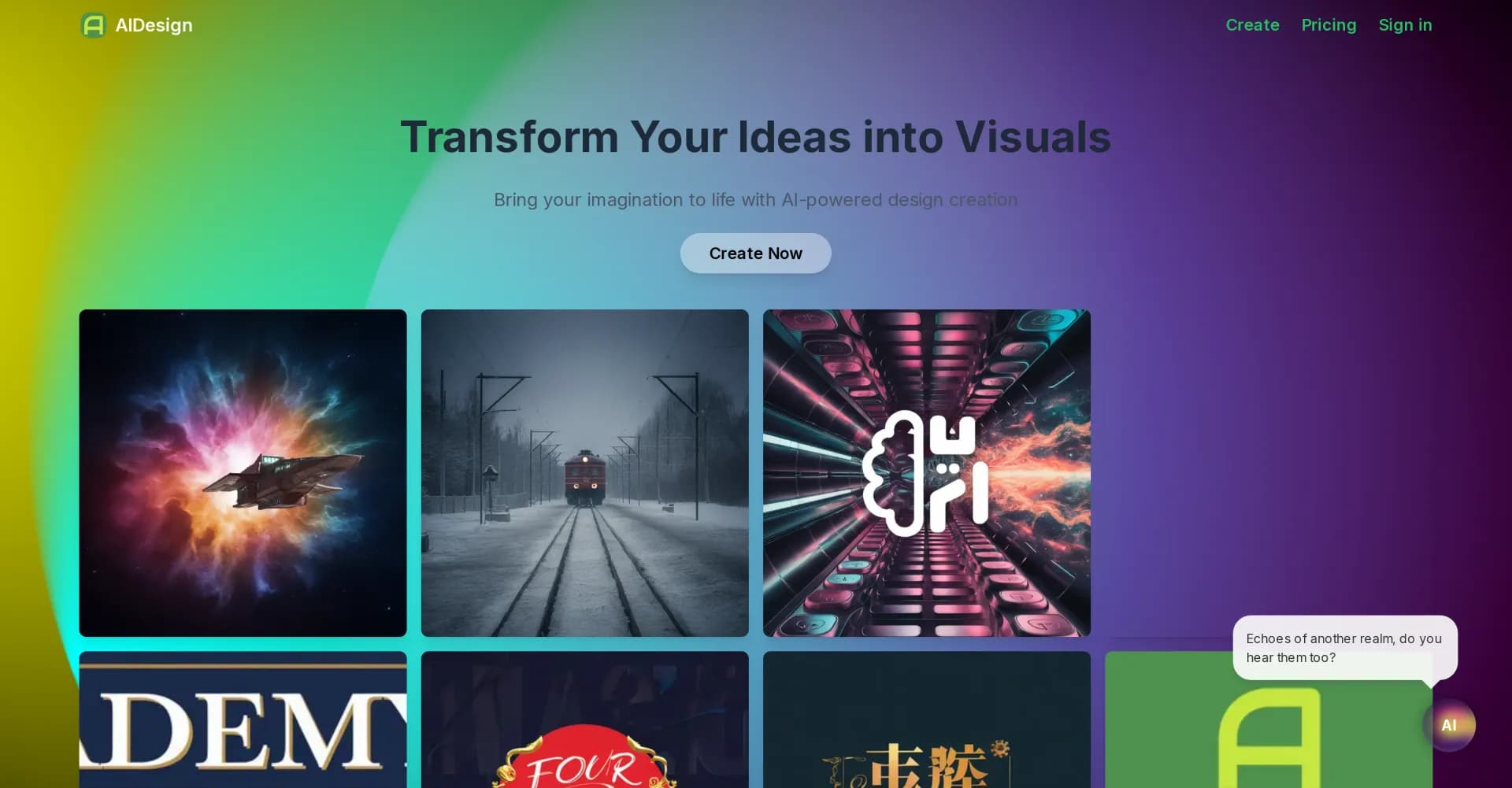 AIDesign homepage screenshot — AI-powered text to image generation for everyone.