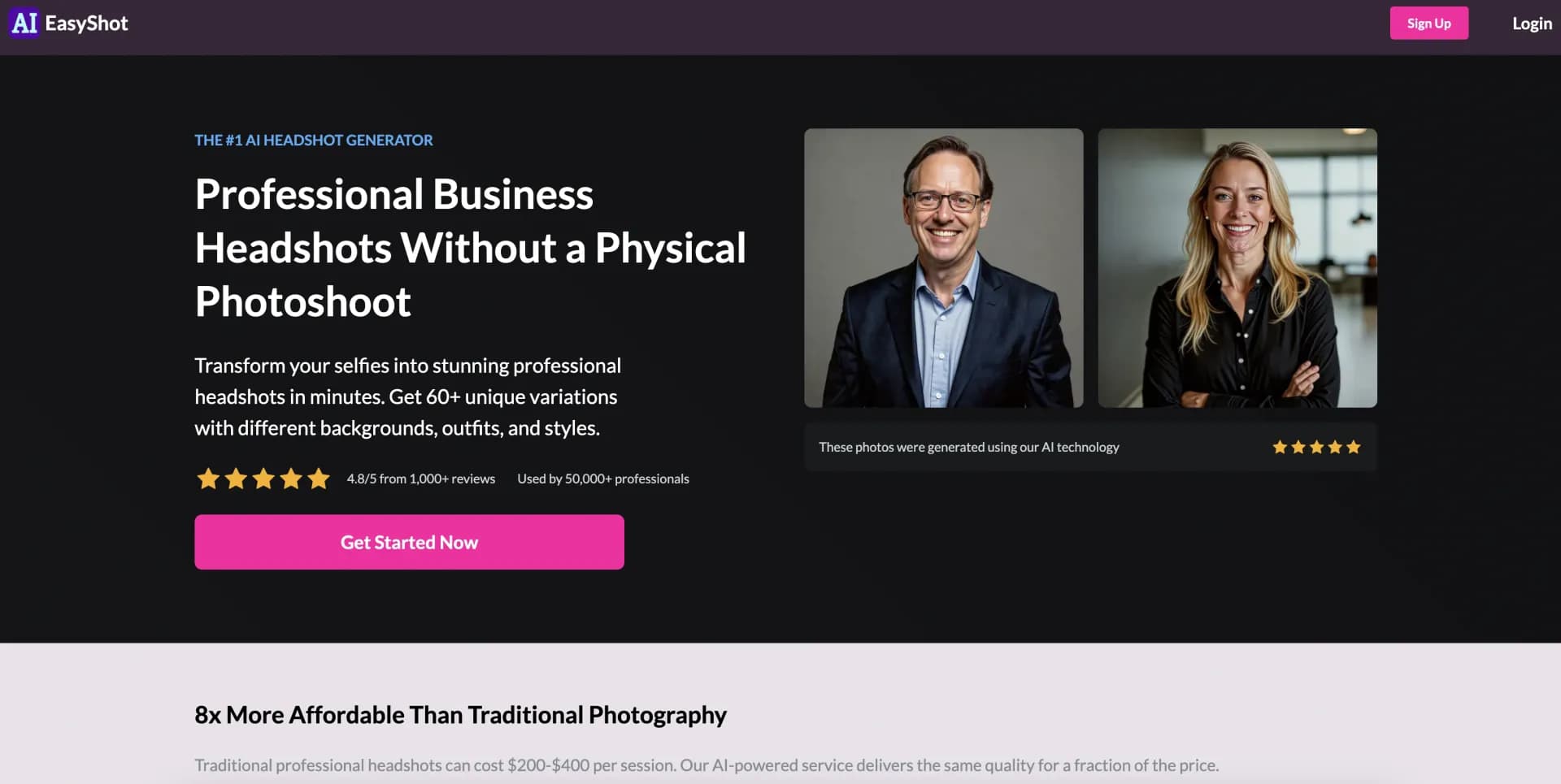 AIEasyShot homepage screenshot — Transform selfies into professional AI headshots instantly