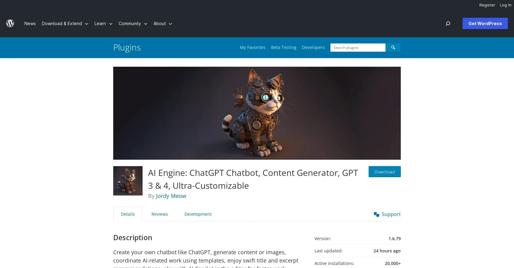 AIEngine Plugin homepage screenshot — GPT-powered chatbot and content generator for WordPress