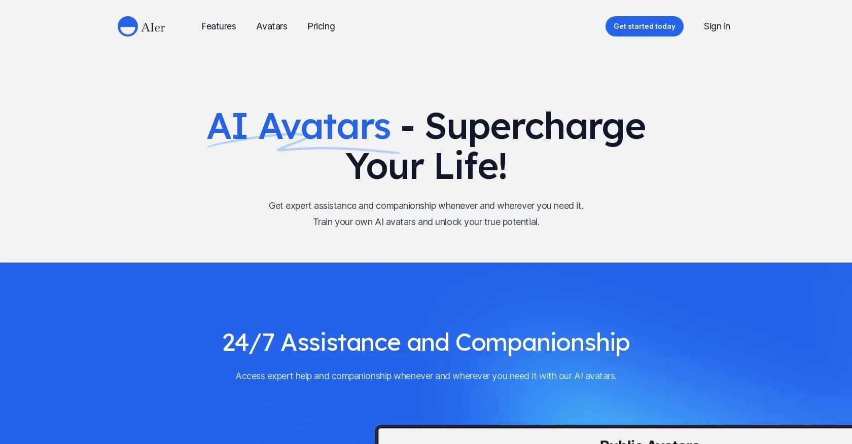 AIer.app homepage screenshot — Create AI avatars for personalized assistance and companions