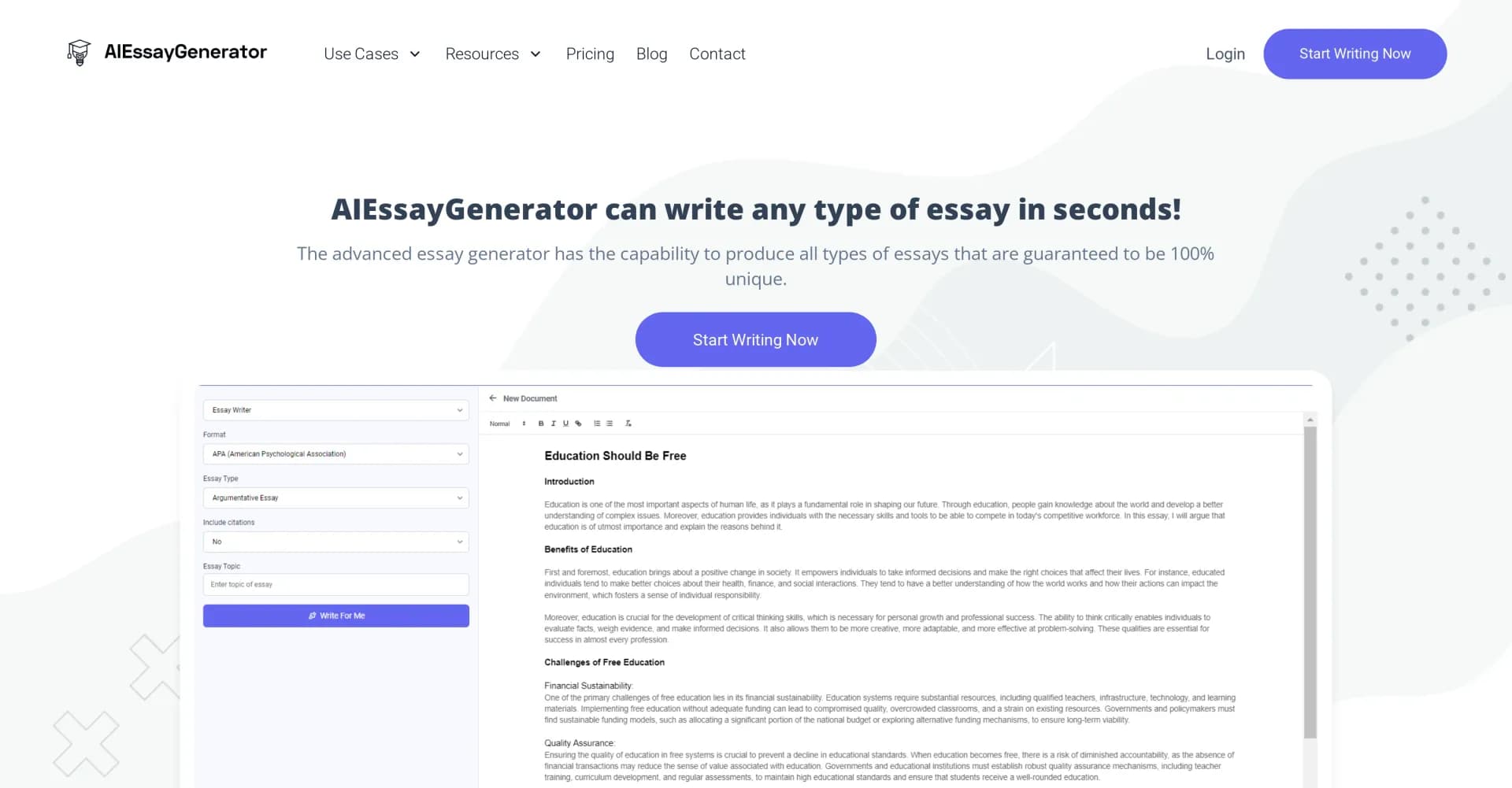 AIEssayGenerator homepage screenshot — Create unique, high-quality essays effortlessly.