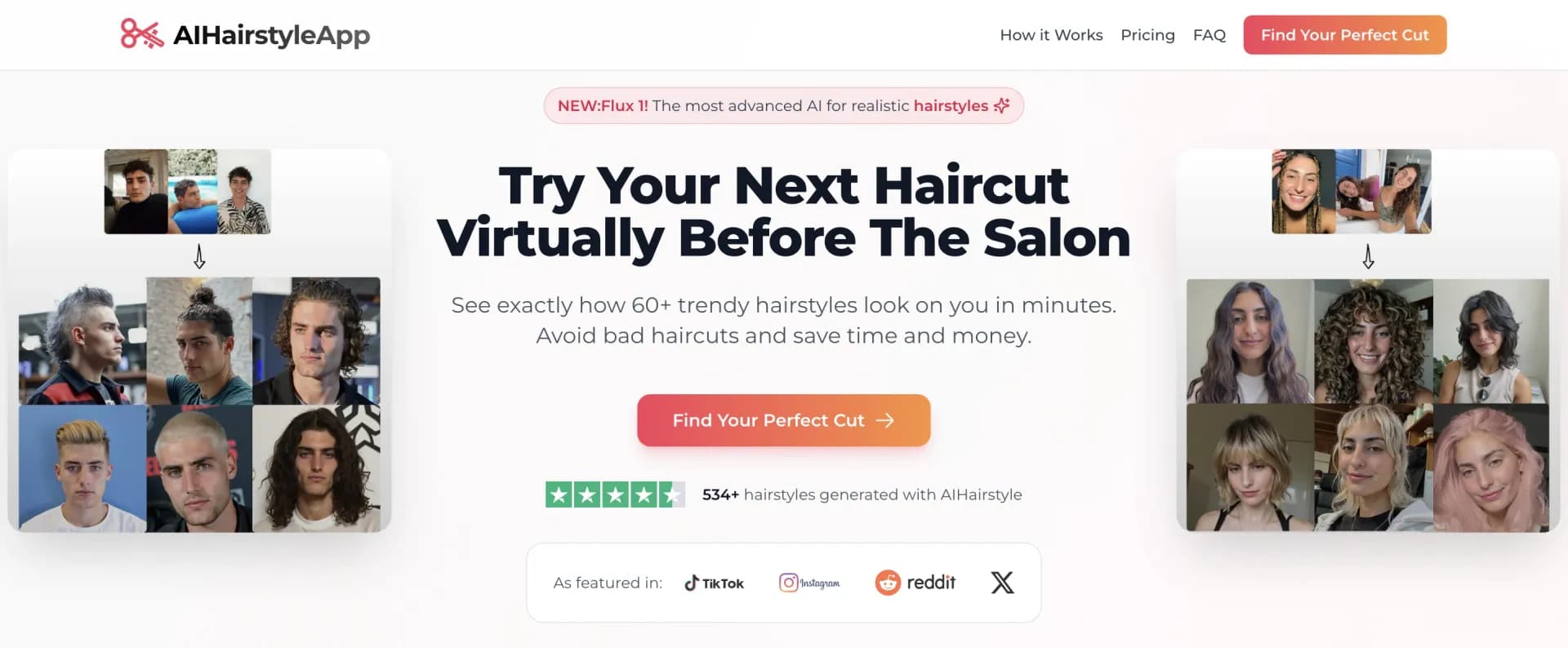 AIHairstyleApp homepage screenshot — Try 60+ virtual hairstyles before you cut.