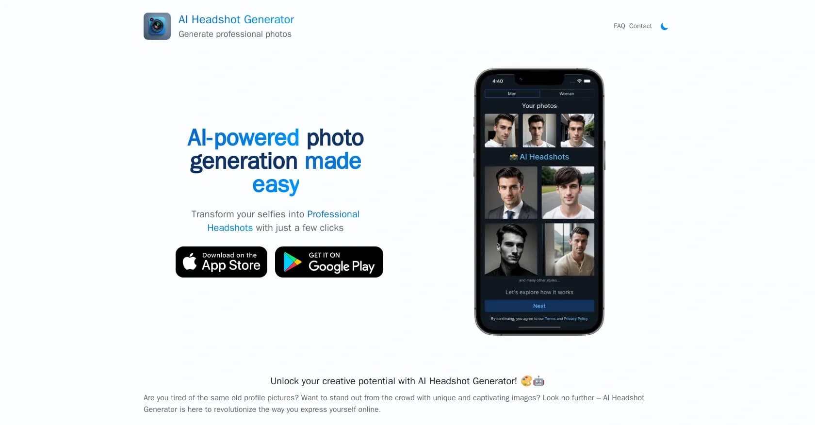 AIHeadshotGenerator homepage screenshot — Transform selfies into professional headshots instantly.