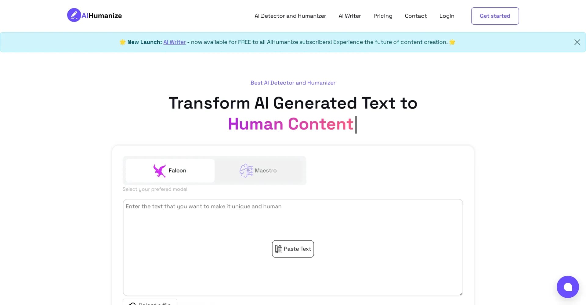 AIHumanize homepage screenshot — Transform AI text into natural, human-like content.