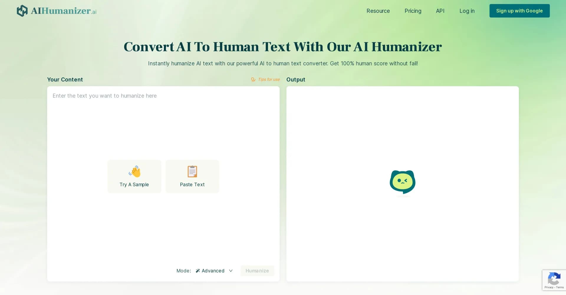 AIHumanizer.ai homepage screenshot — Convert AI text to human-like content instantly.
