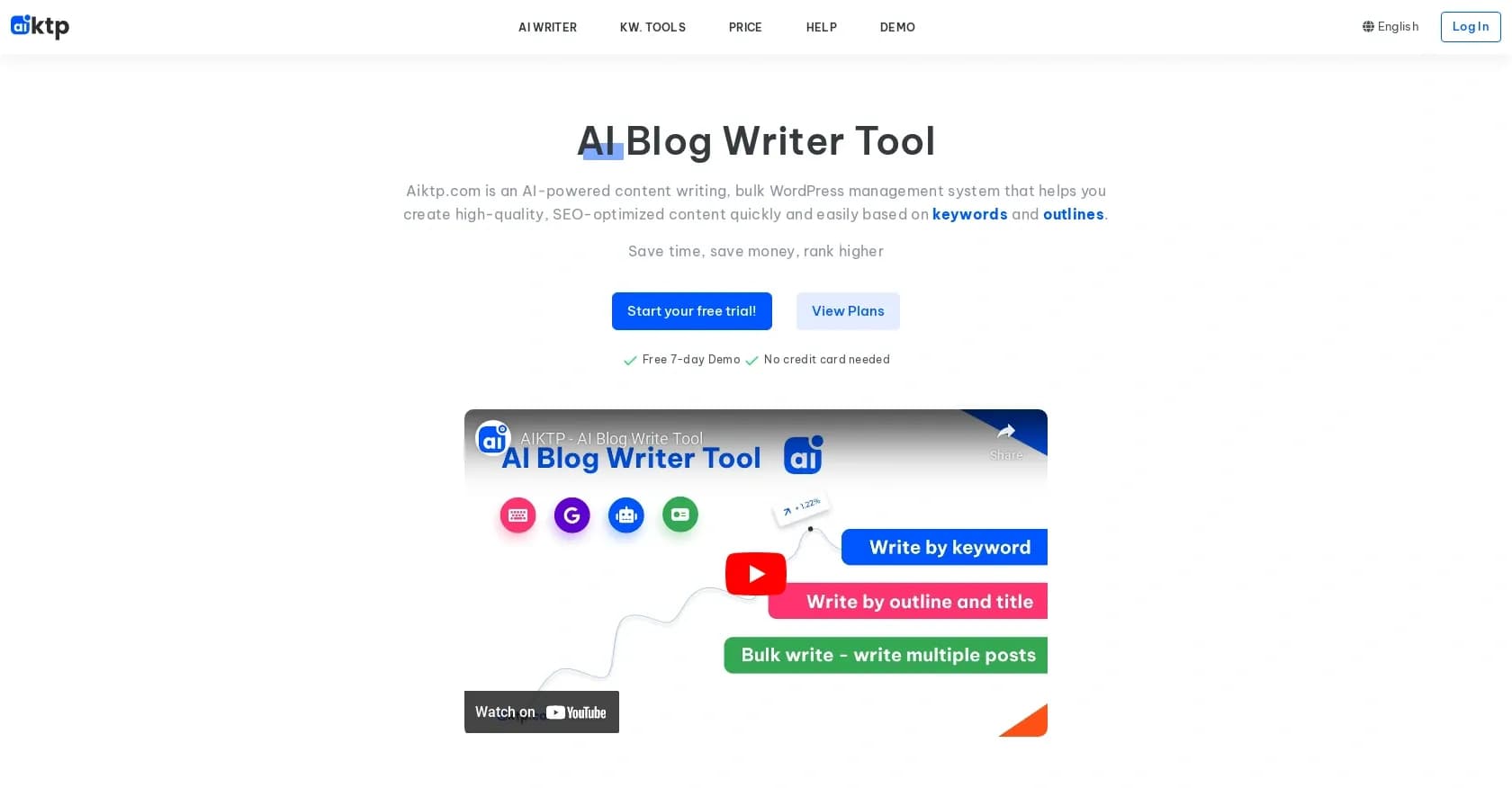 AIKTP homepage screenshot — AI-powered blog content creation from keywords and outlines.