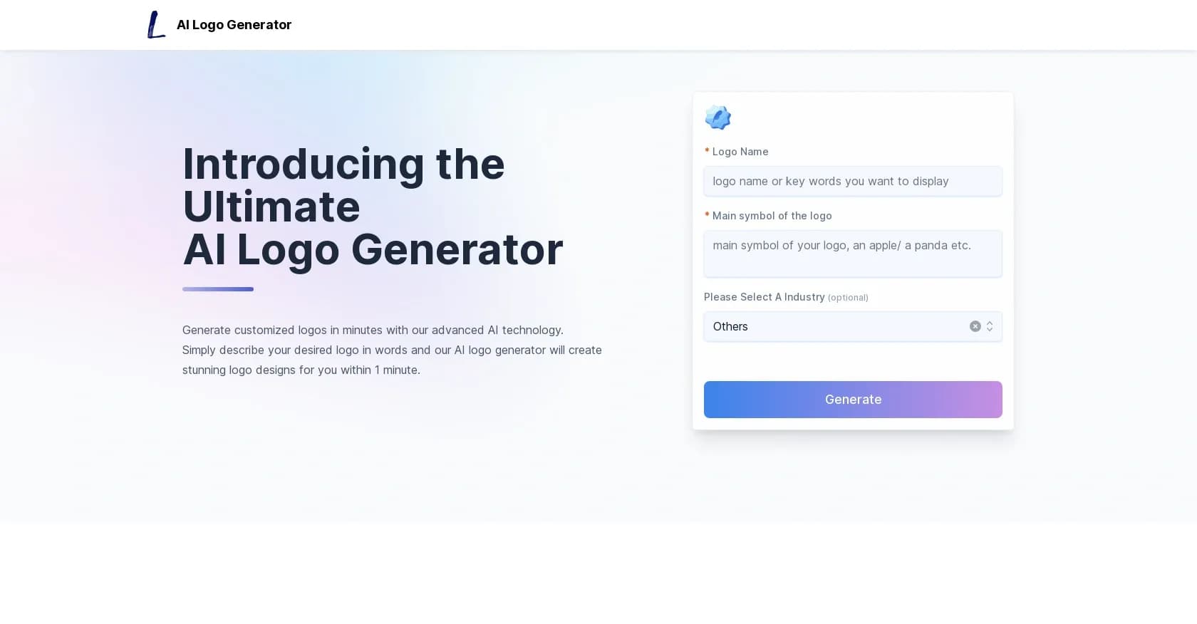 AILogoGenerator homepage screenshot — Create custom logos in minutes with AI