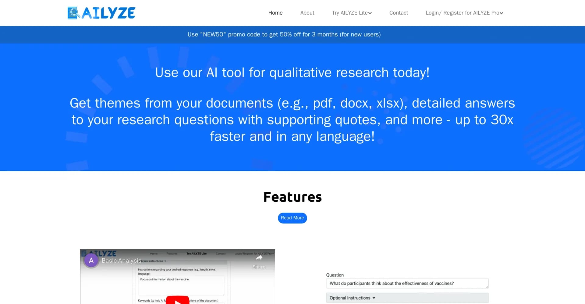 AILYZE homepage screenshot — AI-powered qualitative research in minutes, not days.