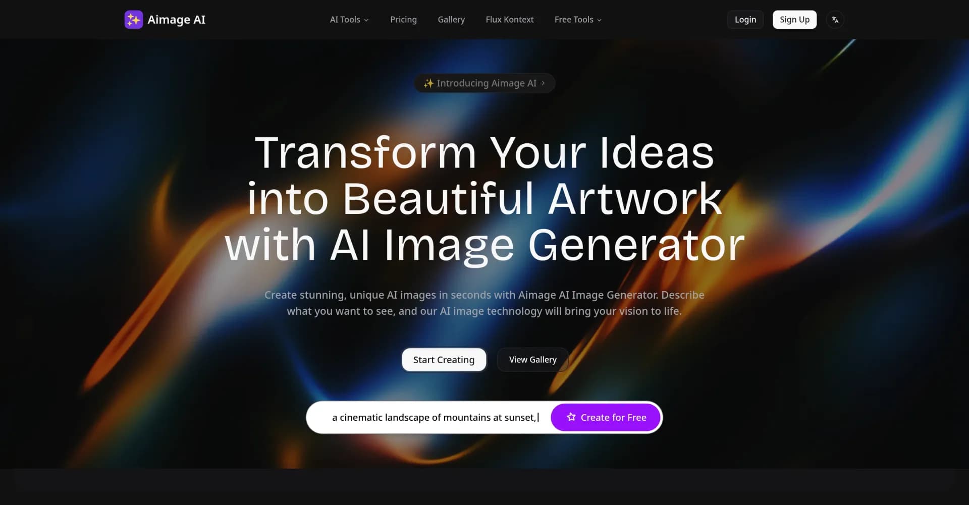 Aimage AI homepage screenshot — Transform ideas into stunning AI artwork instantly