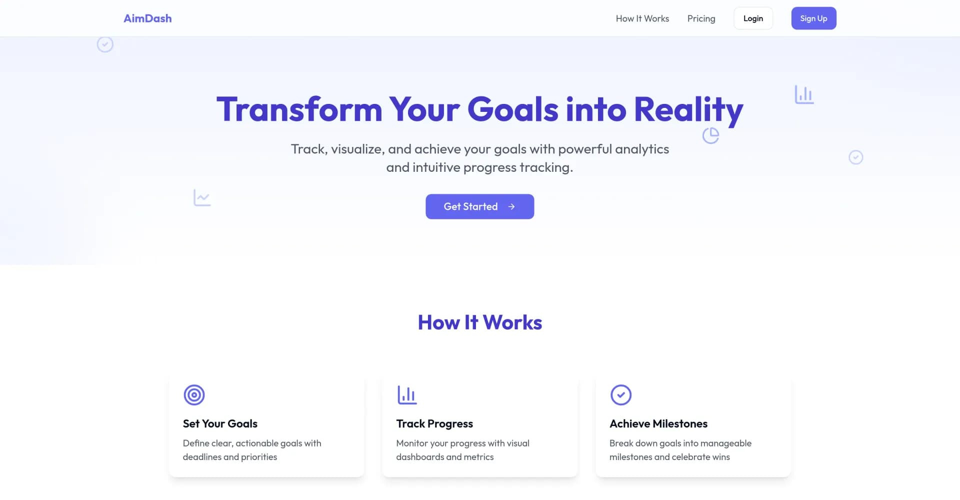 AimDash homepage screenshot — Transform your goals into reality with intuitive tracking.