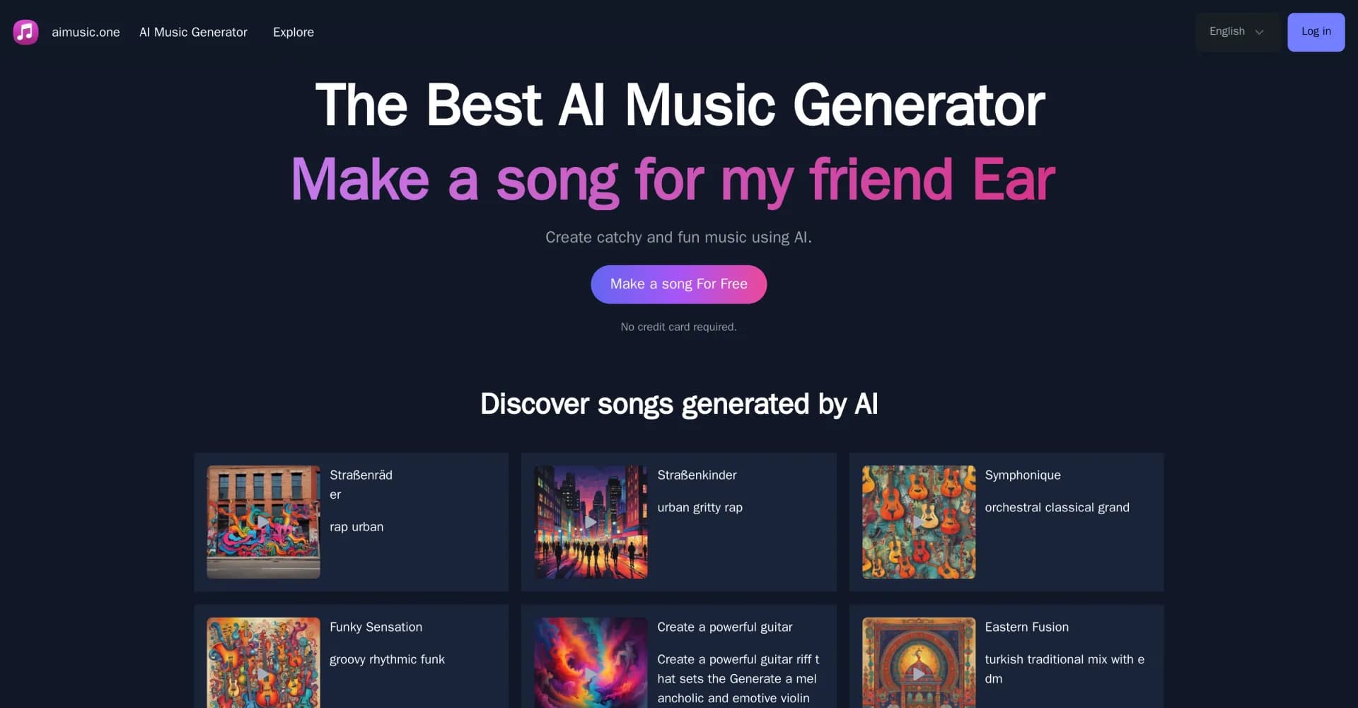 AImusic.one homepage screenshot — Create catchy AI music instantly.