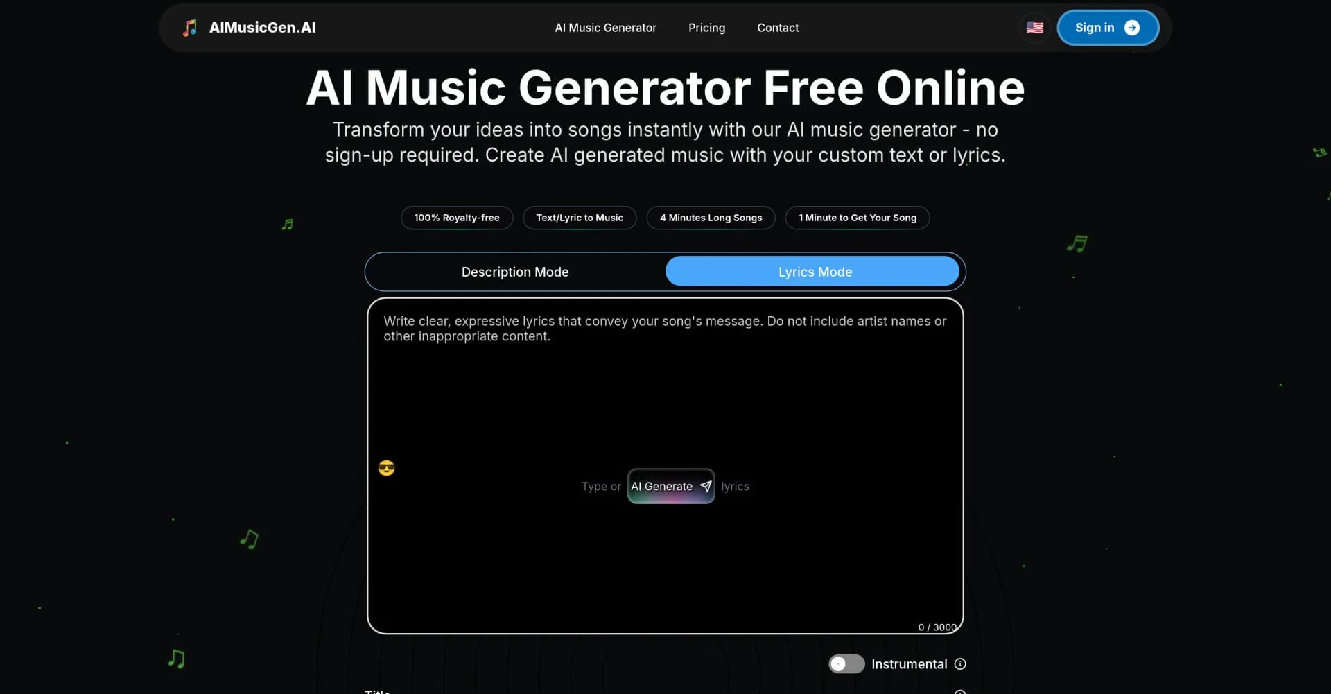 AIMusicGen.ai homepage screenshot — Transform ideas into instant AI-generated songs