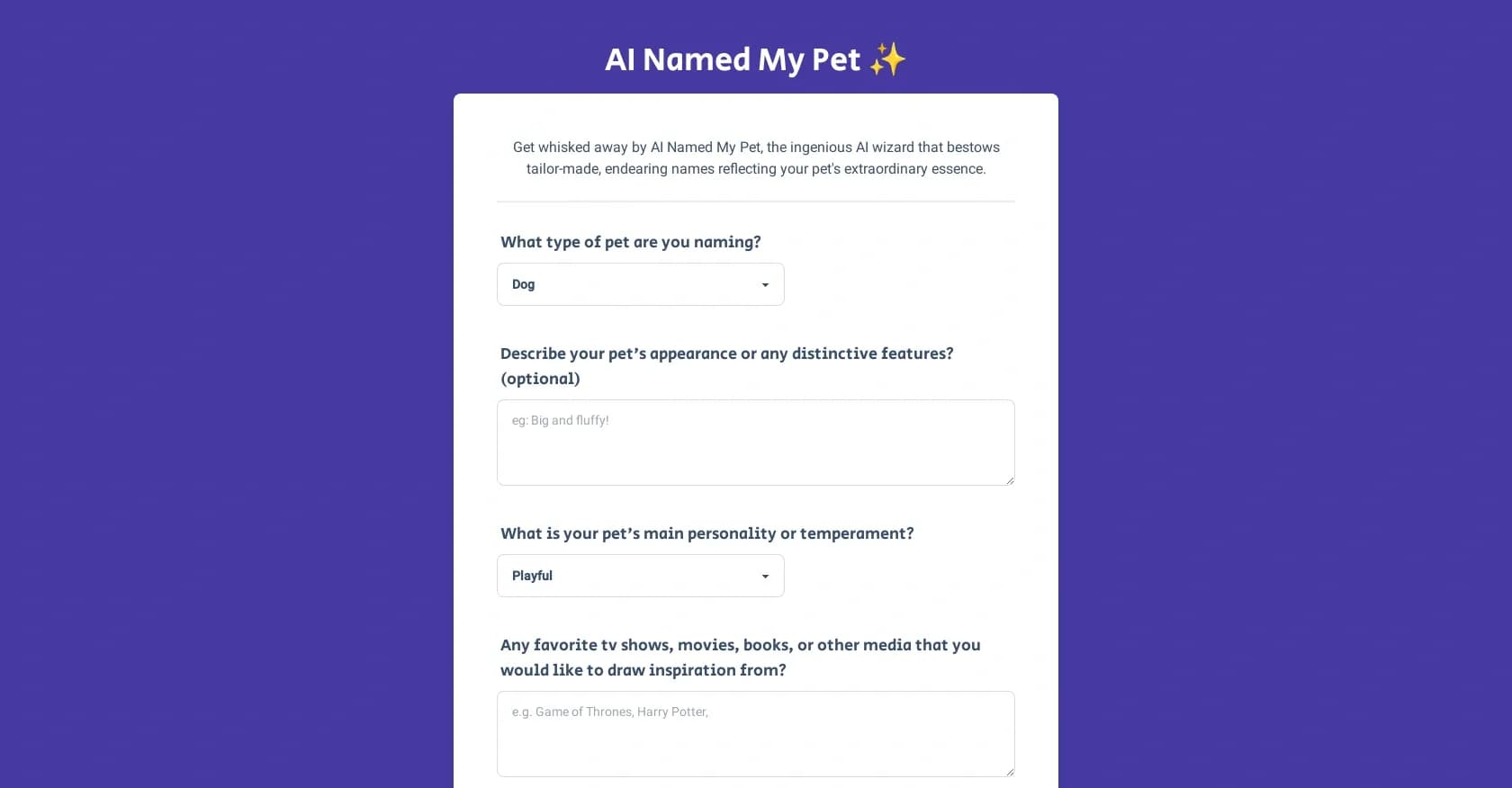 Ainamedmypet homepage screenshot — AI wizard crafts enchanting pet names