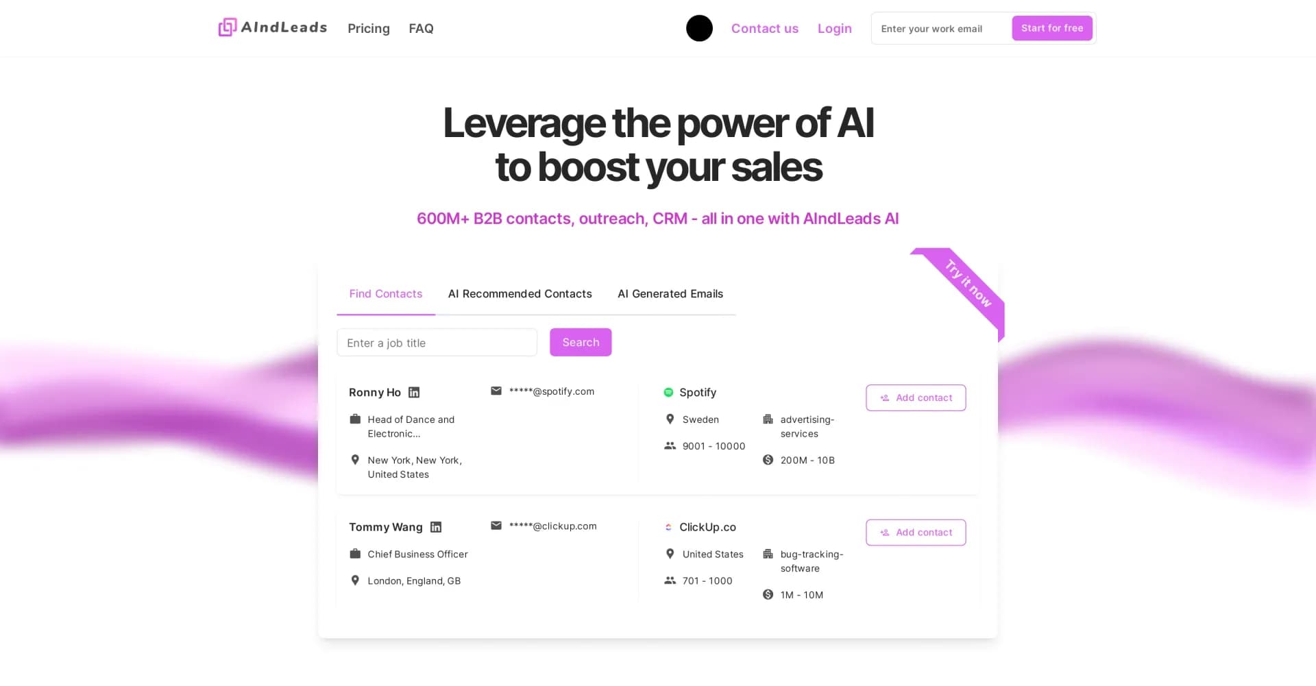 AIndLeads homepage screenshot — AI-powered prospecting, outreach, pipeline management SaaS s