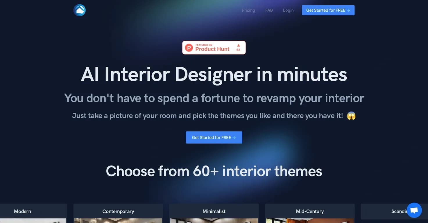 AInterior Design homepage screenshot — Revamp your interior with AI in minutes.