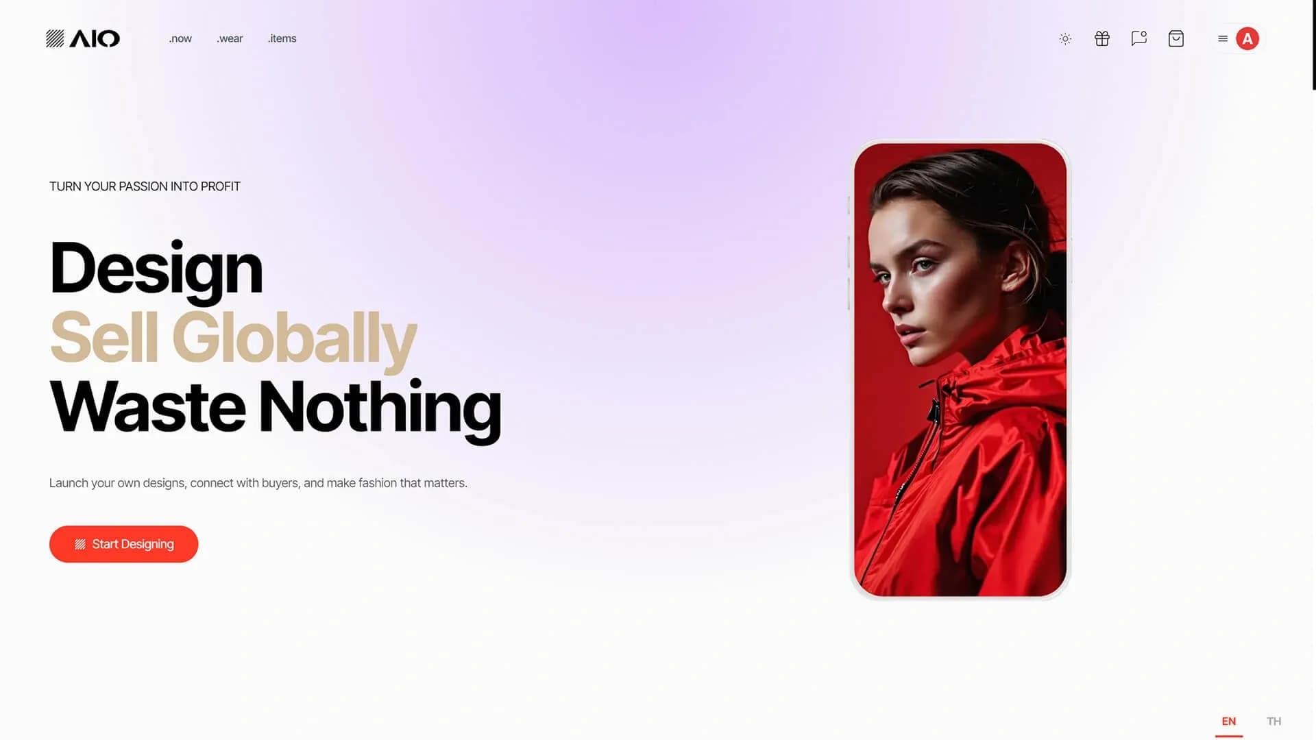 AIO homepage screenshot — AIO · Generative AI Clothes Designer for Fashion