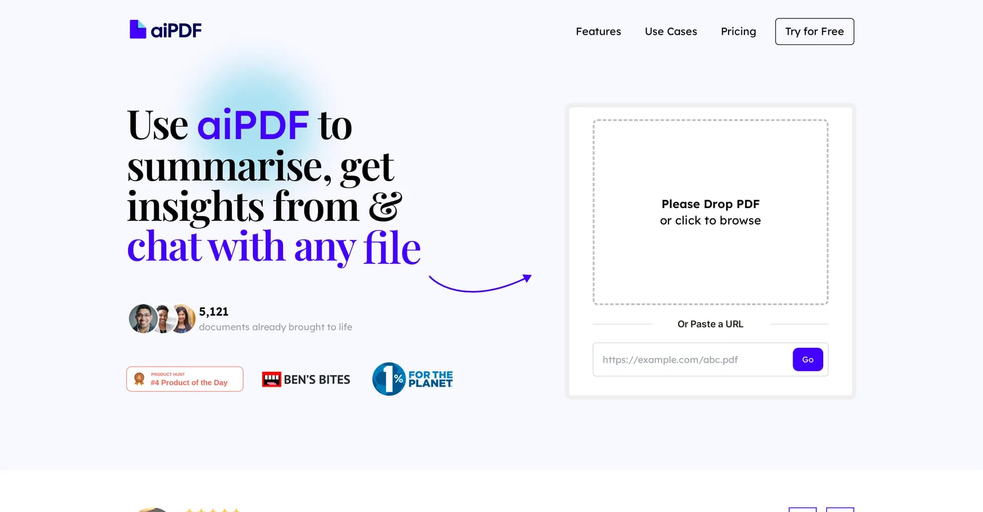 aiPDF homepage screenshot — Chat with any PDF effortlessly.