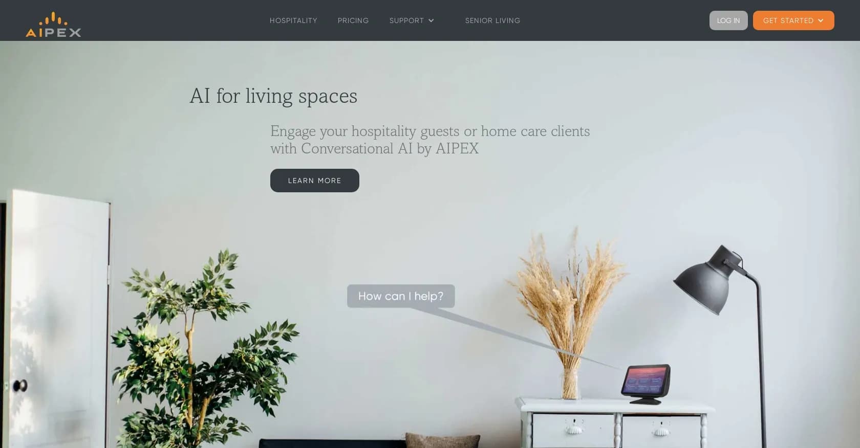 AIPEX homepage screenshot — AI voice solutions for hospitality and senior living.