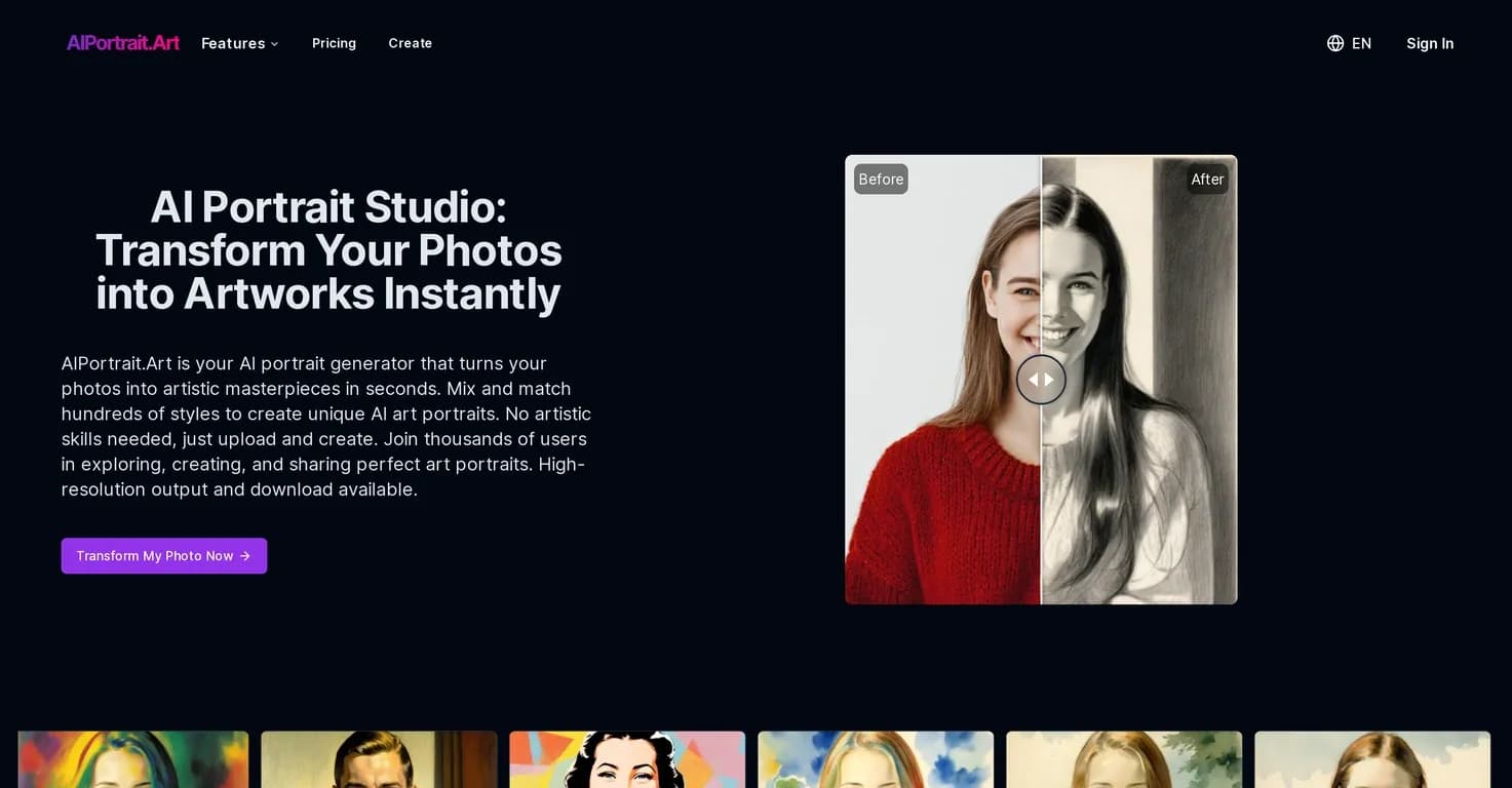 AIPortrait.Art homepage screenshot — Transform photos into artistic masterpieces instantly.