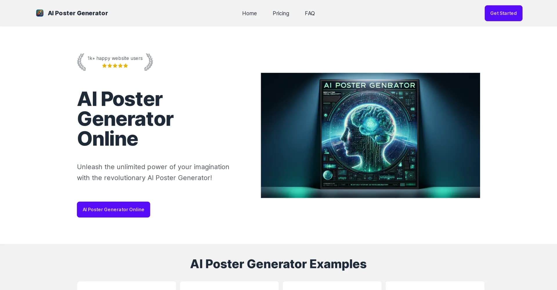 AIPosterGenerator homepage screenshot — Transform ideas into stunning posters with AI