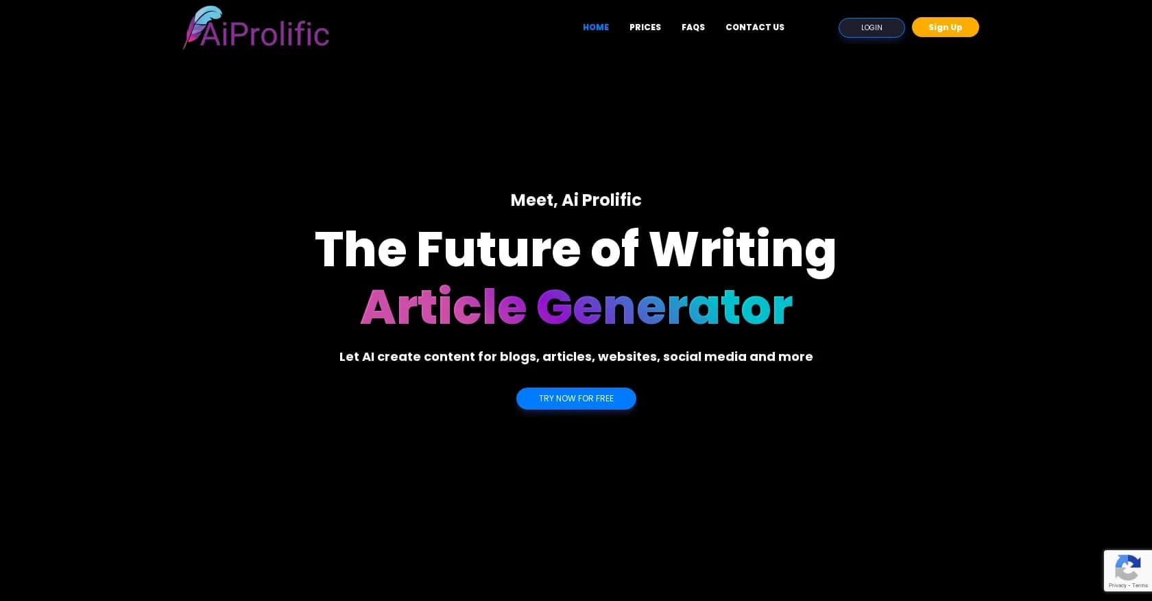 AiProlific homepage screenshot — Assisted content creation and blogging.