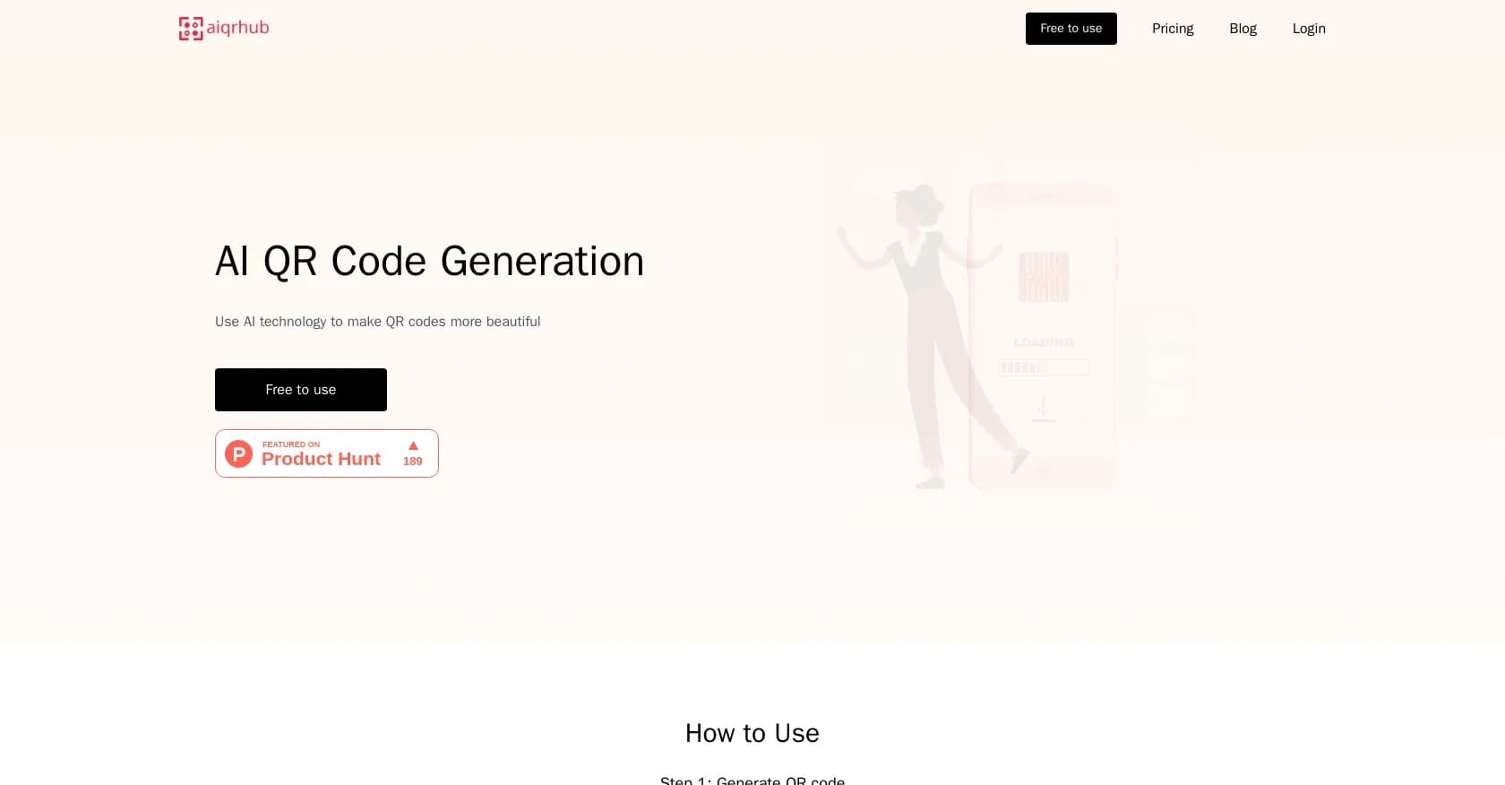 AIqrhub homepage screenshot — Create beautiful AI-powered QR codes.