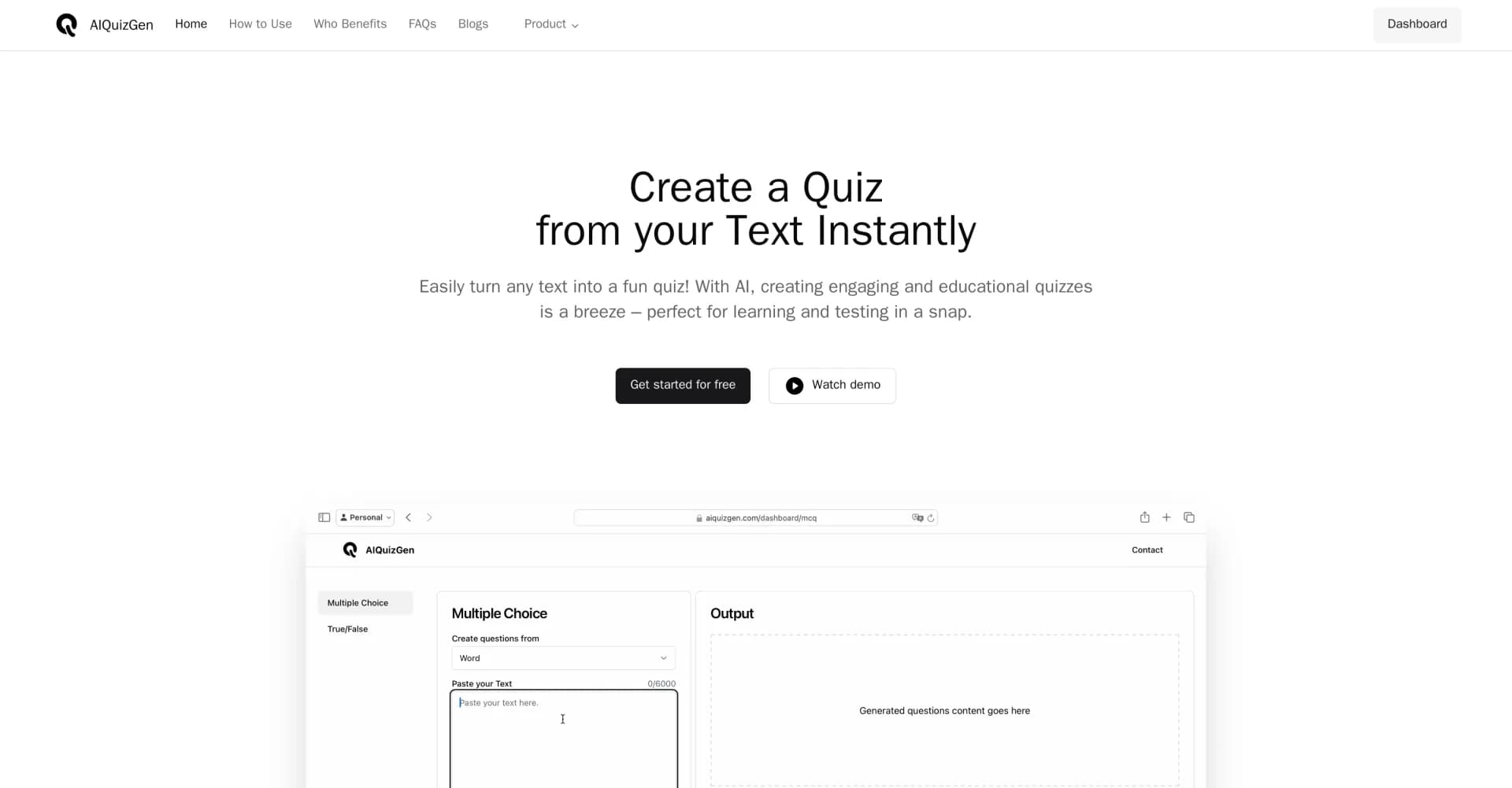 AIQuizGen homepage screenshot — Turn any text into a fun quiz instantly.