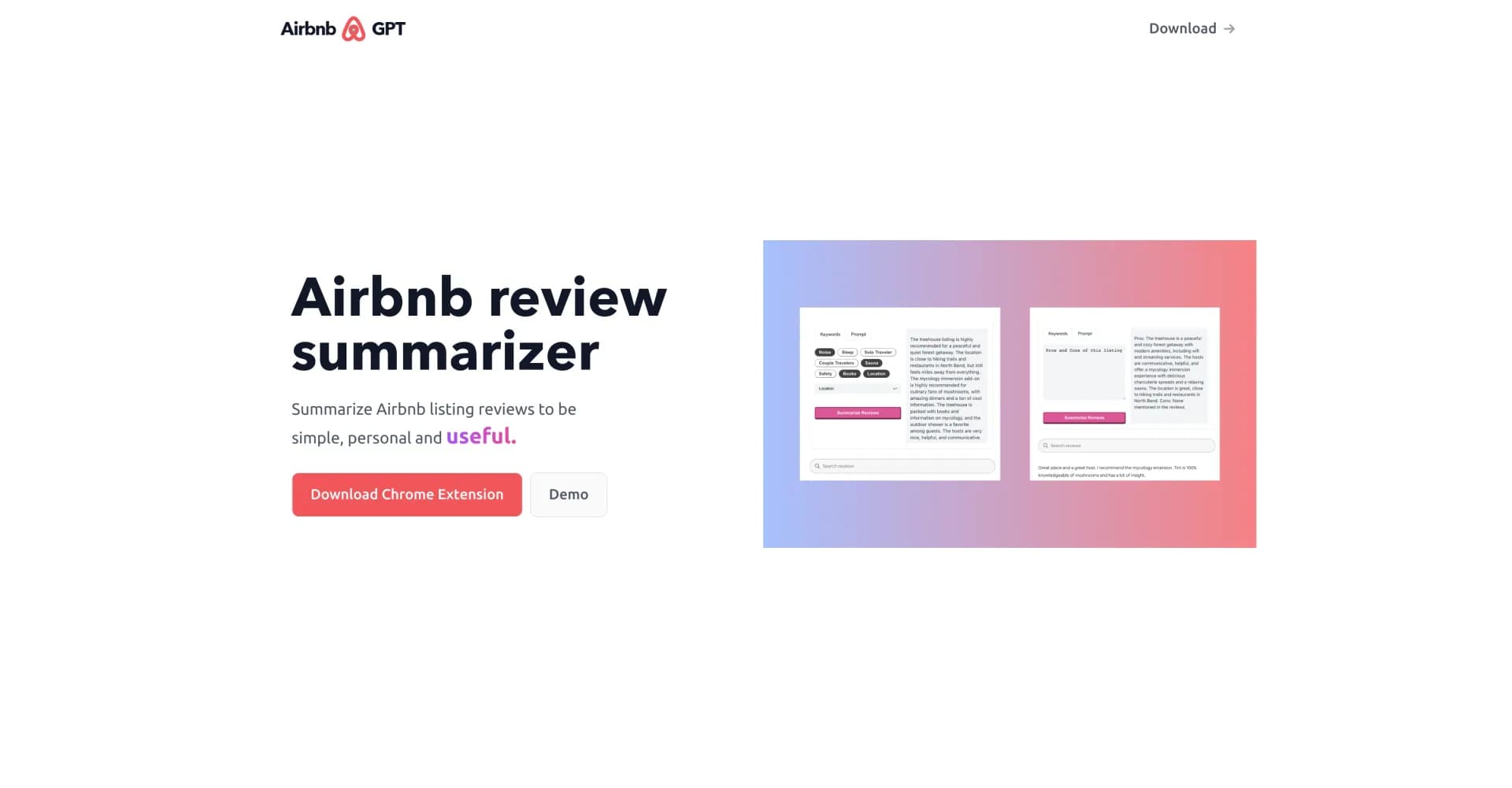 Airbnb Review Summarizer homepage screenshot — Distill Airbnb reviews into bite-sized insights.