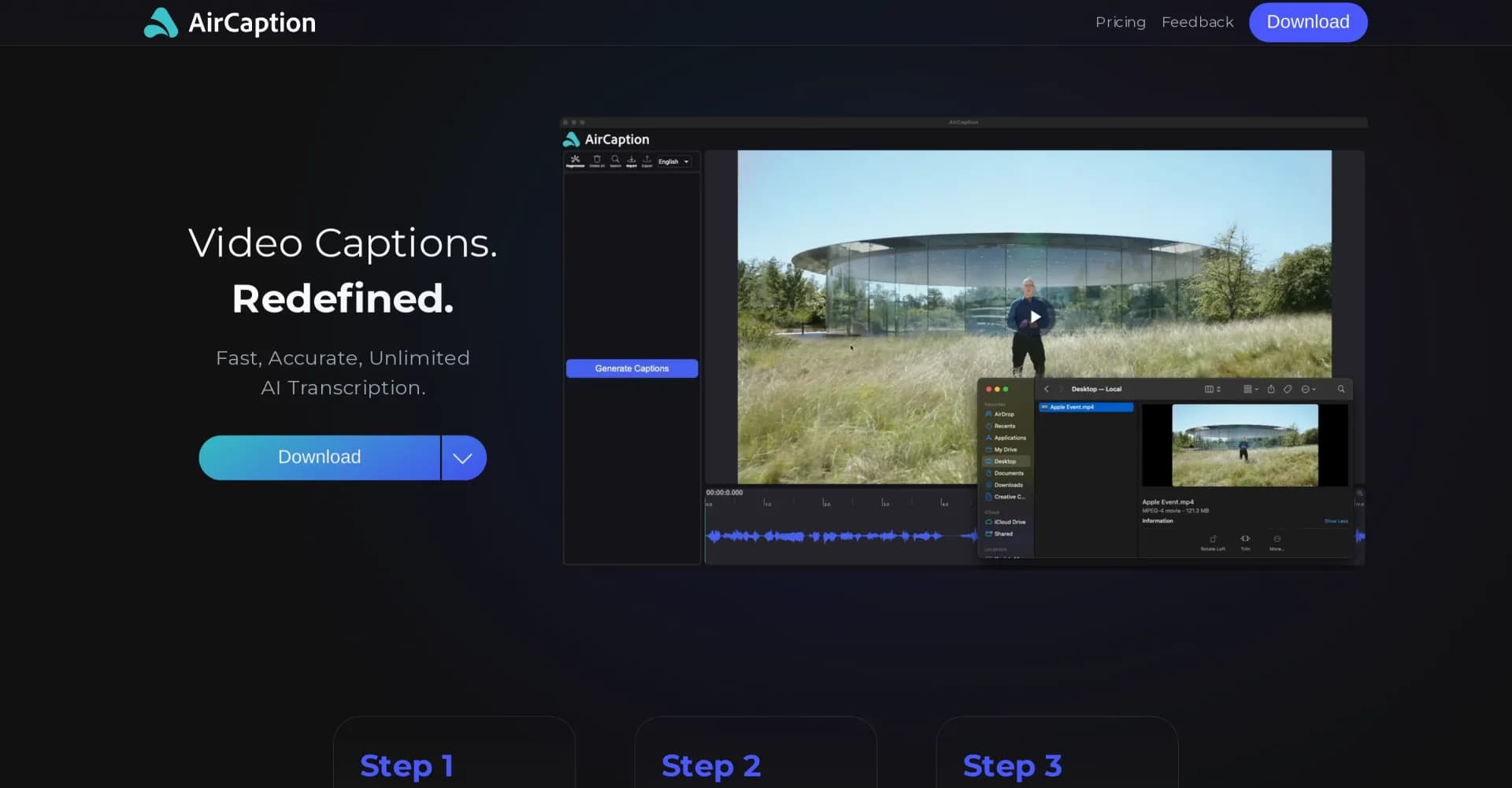 AirCaption homepage screenshot — Powerful speech-to-text tool for video captions, subtitles a
