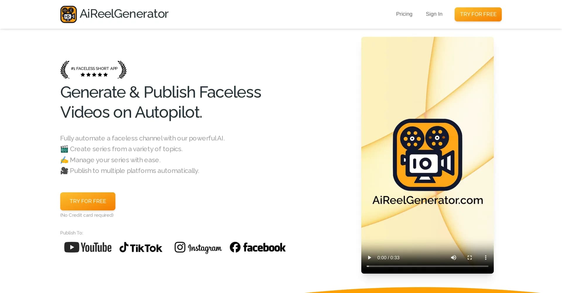 AiReelGenerator homepage screenshot — Automate faceless videos for social media.