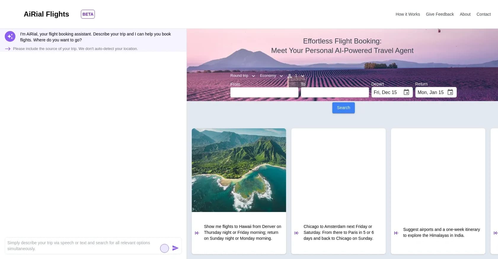 AiRial Flights homepage screenshot — AI-powered flight booking made effortless.