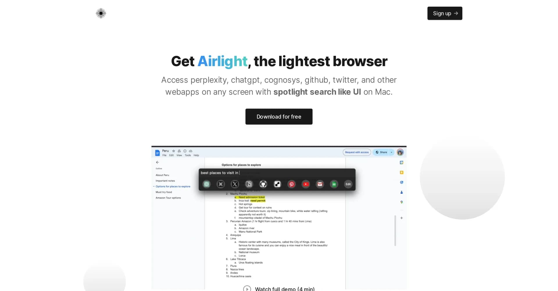 Airlight homepage screenshot — Access web apps instantly with spotlight-style search.