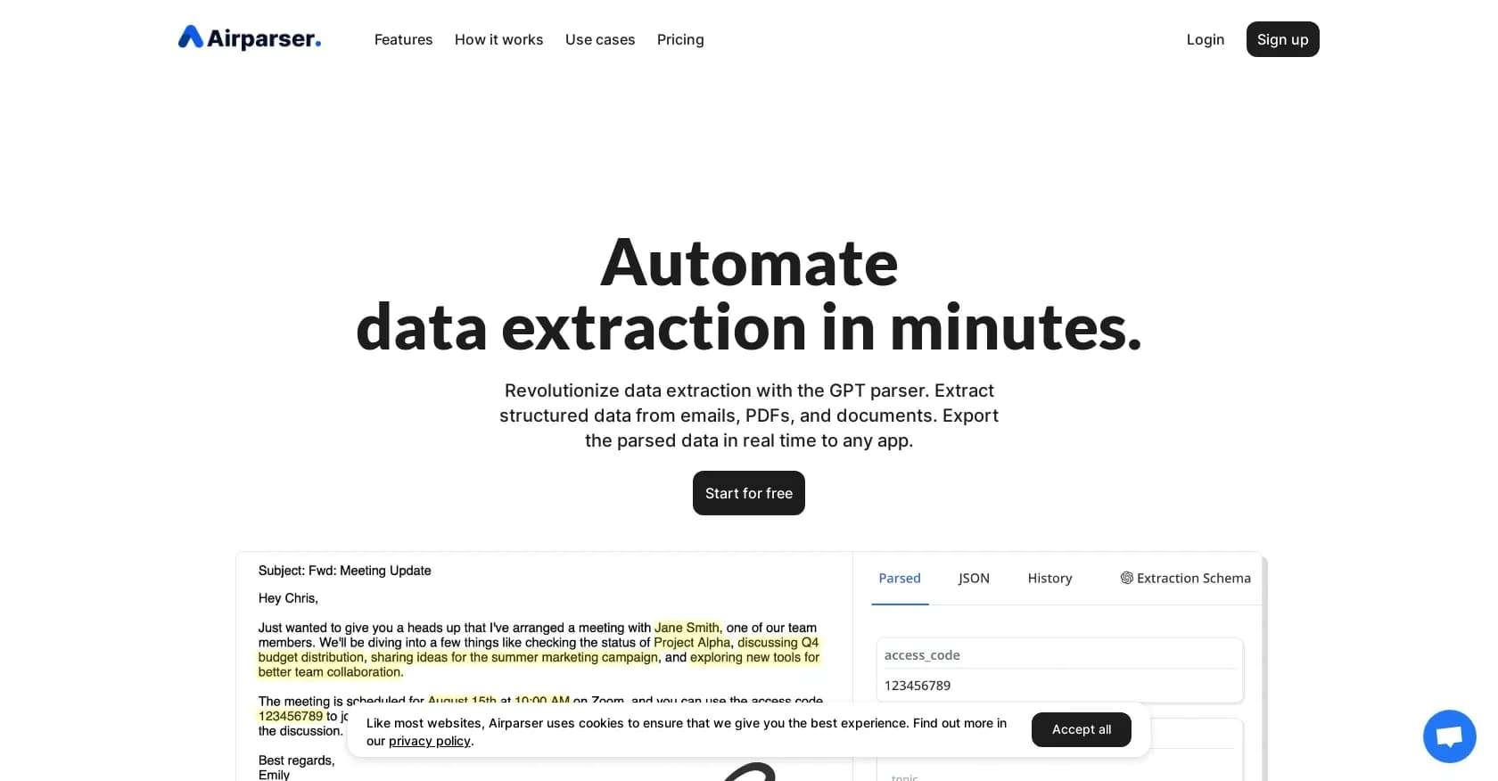 Airparser homepage screenshot — Extract structured data from emails and docs with AI