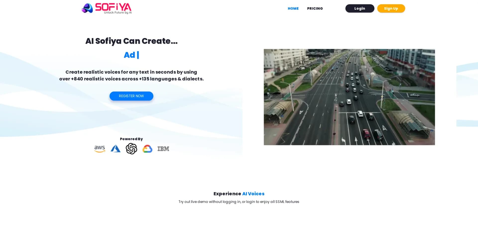 AiSofiya homepage screenshot — AI-powered voice creation in 840+ voices and 135+ languages.