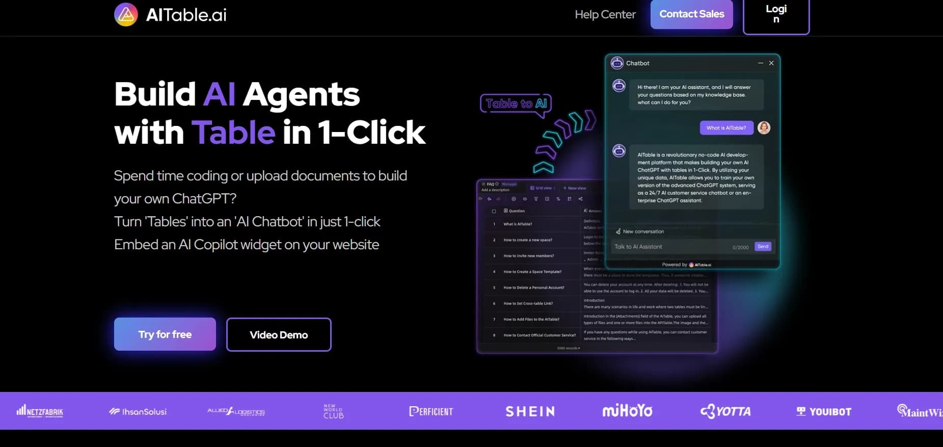 AItable homepage screenshot — Build AI apps with table data in one click