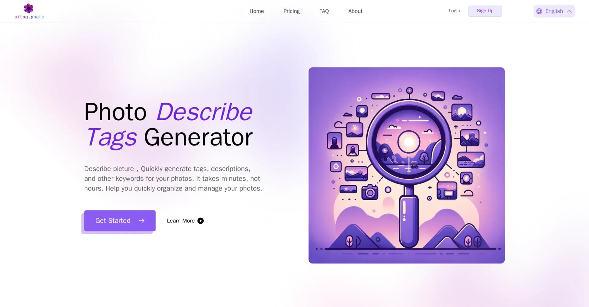 AITag.Photo homepage screenshot — AI-powered photo description and tagging tool