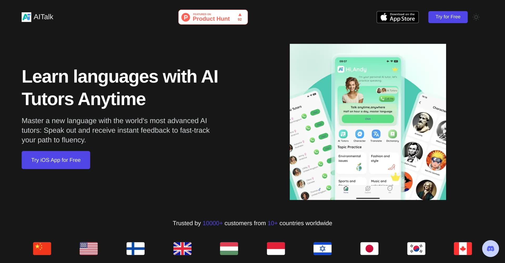 AITalk homepage screenshot — Master languages with AI tutors anytime, anywhere.