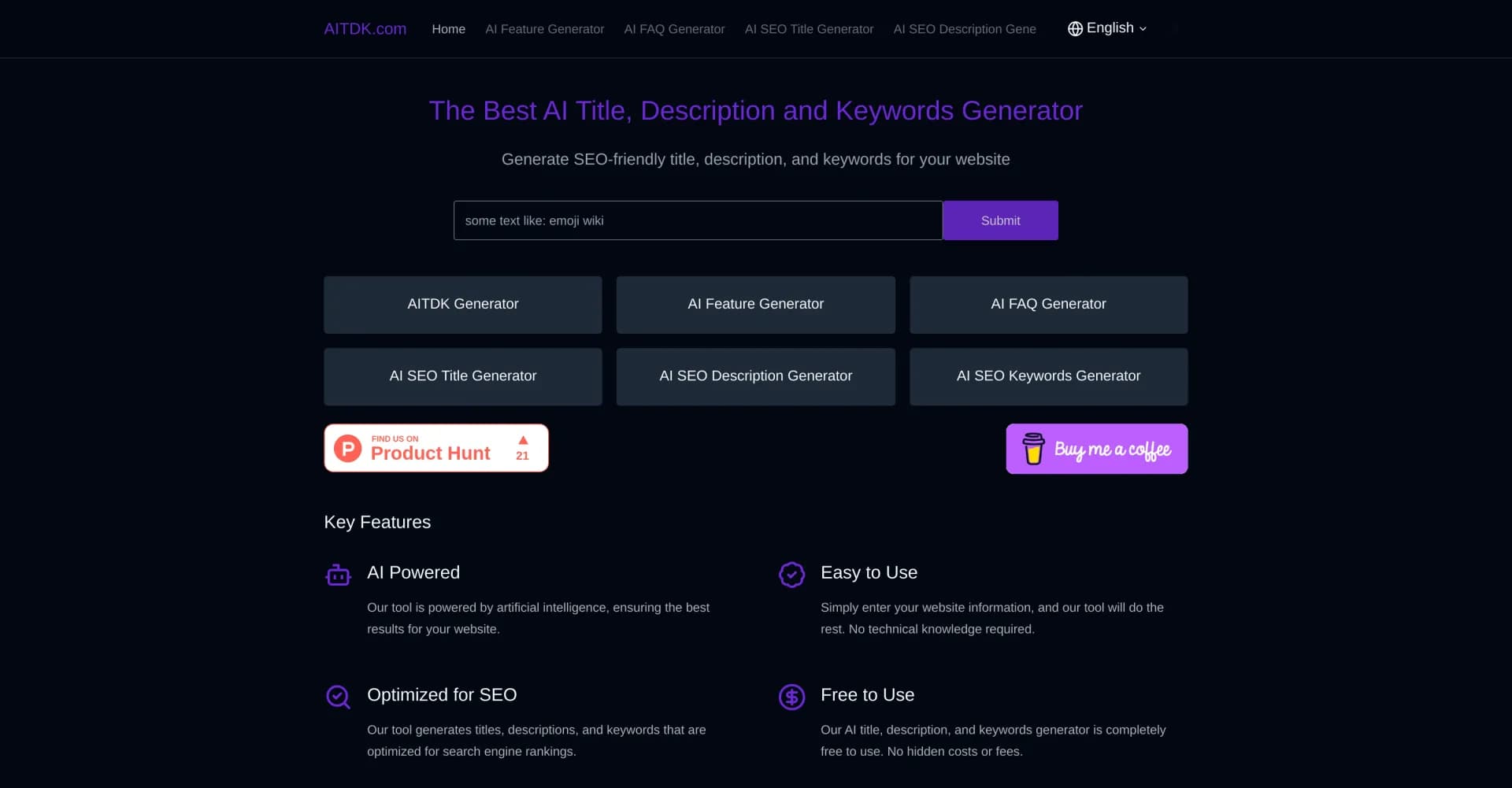 AITDK homepage screenshot — Generate SEO-friendly titles, descriptions, and keywords for