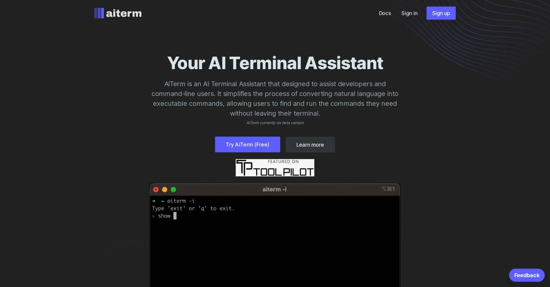 AiTerm homepage screenshot — Convert natural language to terminal commands.