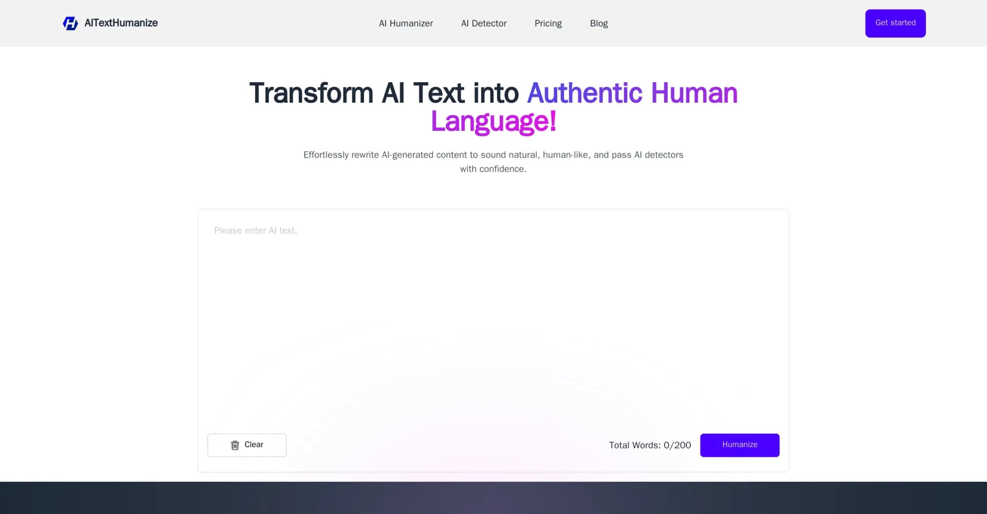 AITextHumanize homepage screenshot — Transform AI text into authentic human language.