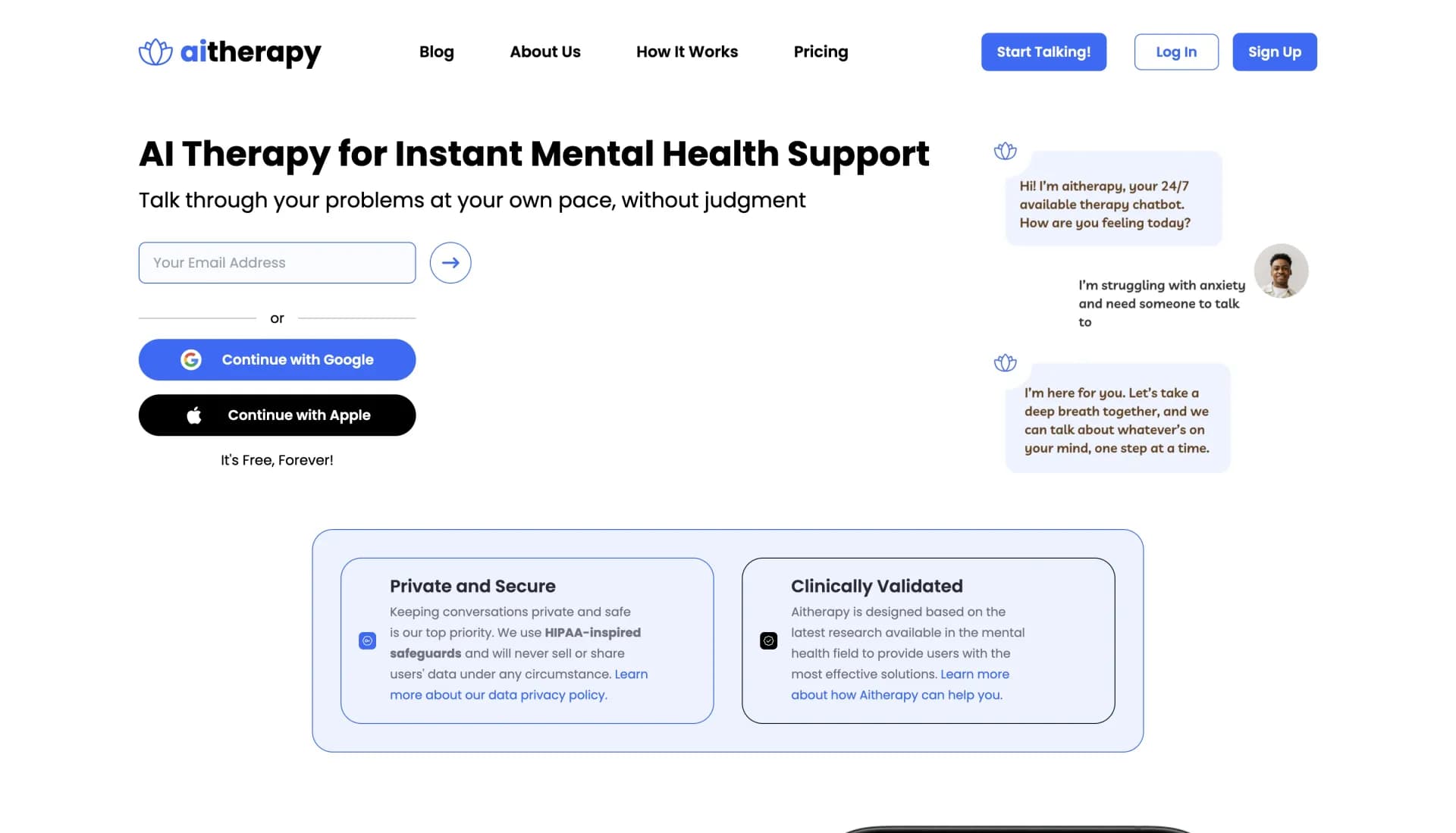 Aitherapy - Free AI Therapist homepage screenshot — AI therapy for instant mental health support.