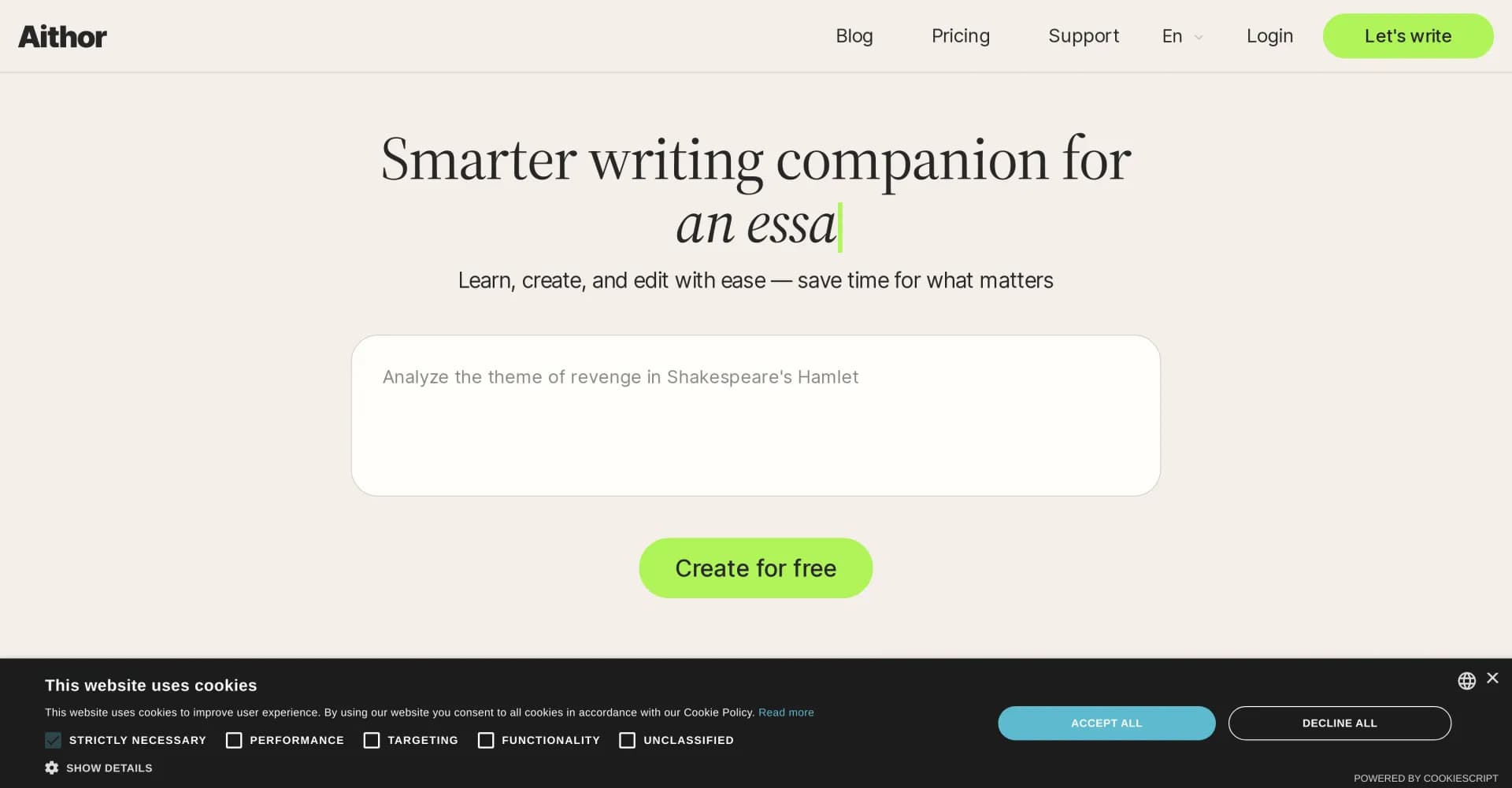 Aithor homepage screenshot — AI-powered essay writing, simplified.