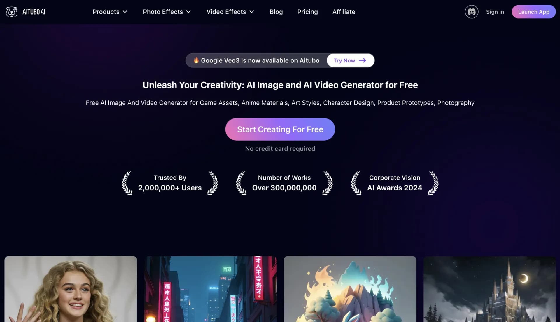 Aitubo homepage screenshot — Turn text and photos into high-quality AI art.