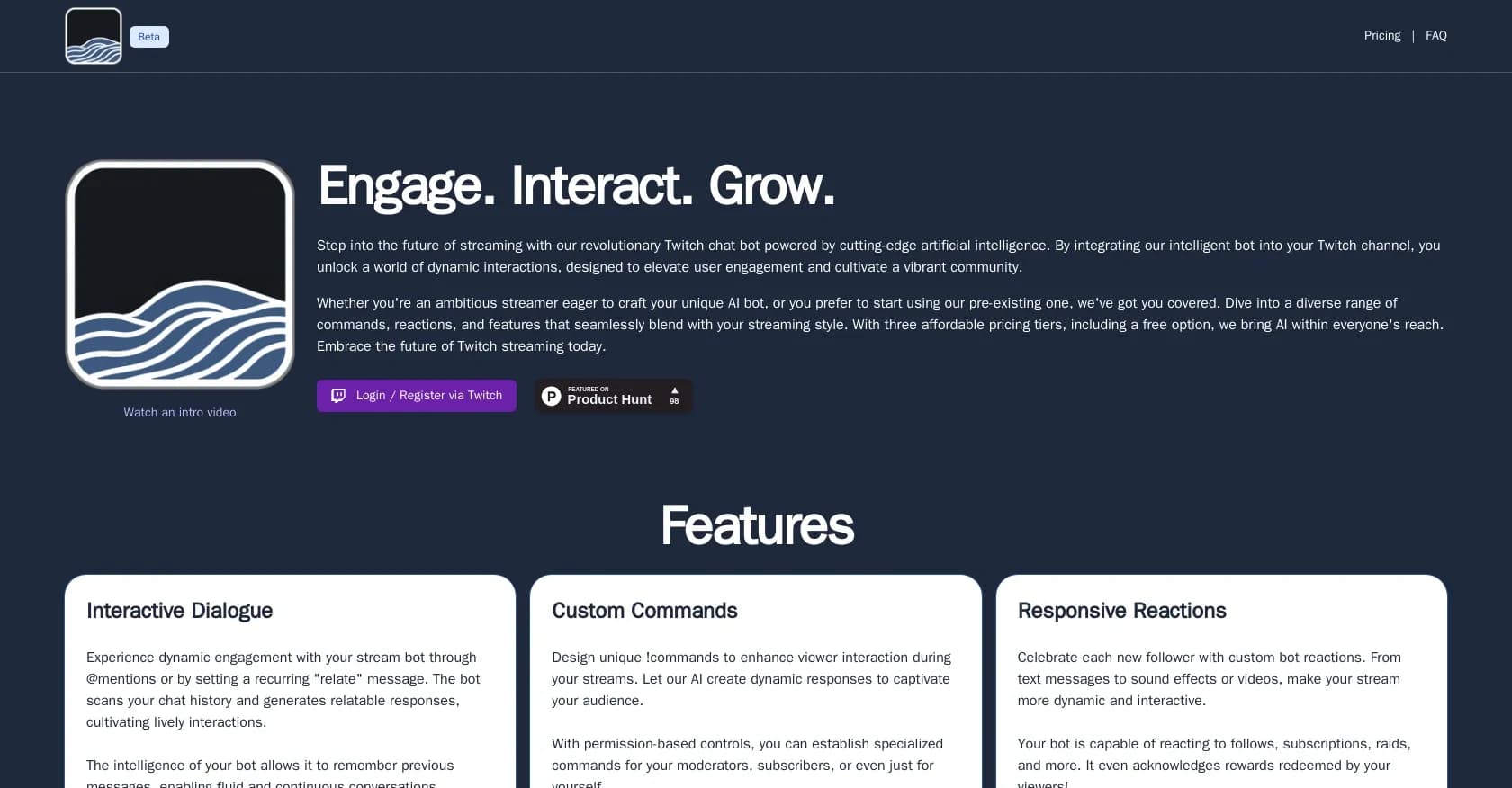 AItwitch homepage screenshot — Revolutionize your Twitch stream with AI-powered chat engage