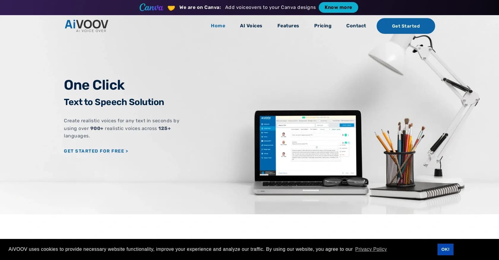 Aivoov homepage screenshot — Convert text to speech with 900+ AI voices in 125+ languages