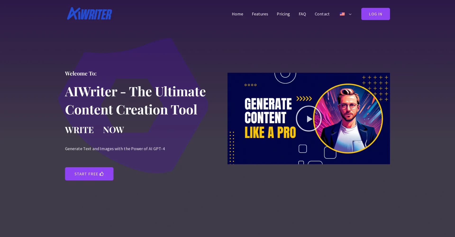 AIwriter homepage screenshot — Generate high-quality content instantly with AI