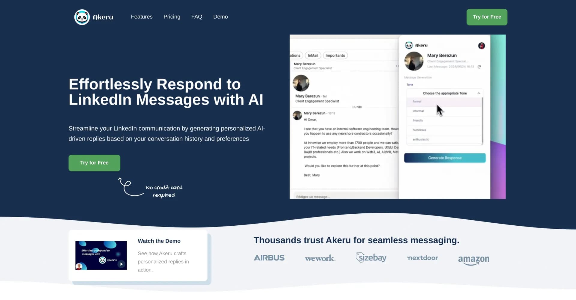 Akeru homepage screenshot — AI-powered LinkedIn messaging assistant