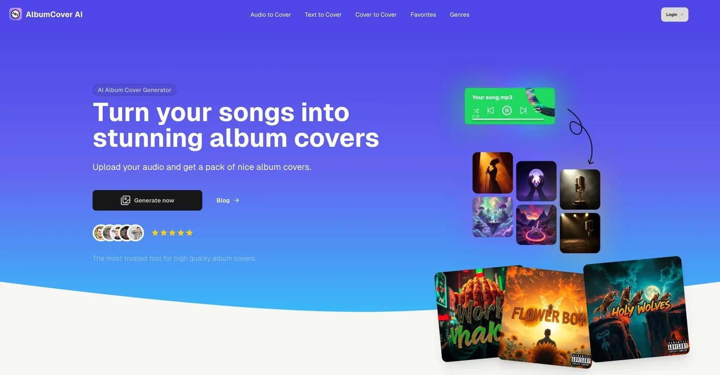 Album Cover AI homepage screenshot — Turn songs into stunning AI-generated album covers.